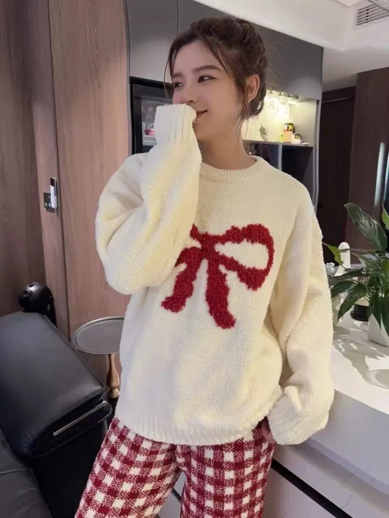 【1300克】男女秋冬纯色保暖松紧青年家居服套装睡衣圆领蝴蝶结款