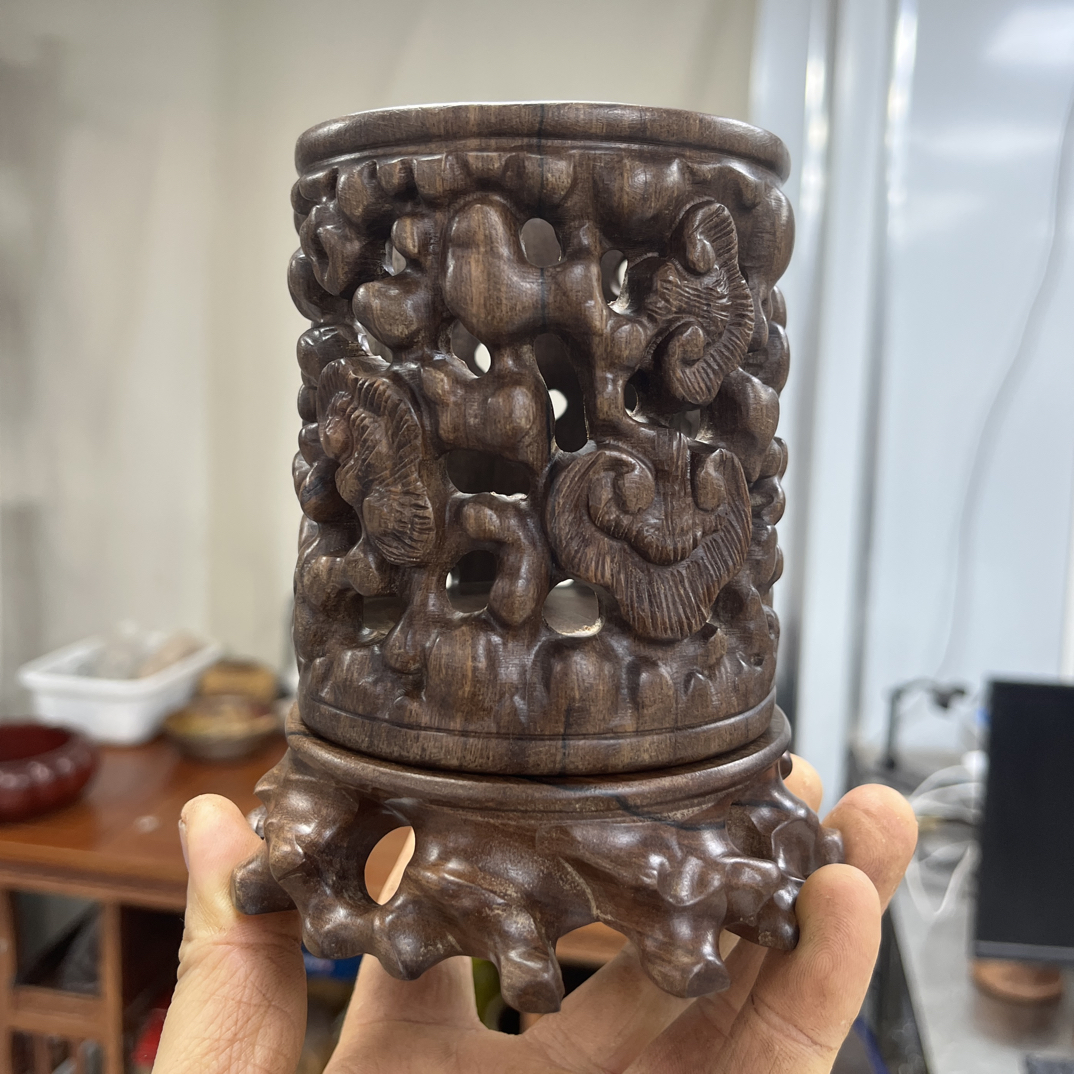 工艺品黑檀实木创意手工根雕镂空灵芝如意创意二件套收纳笔筒013