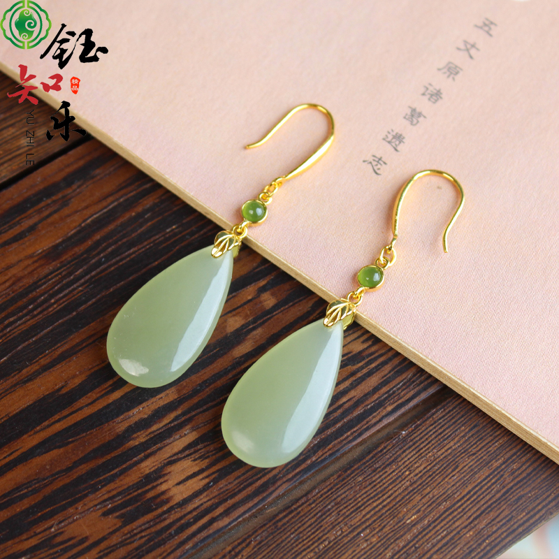 S925银天然和田玉冰晴水胖水滴大尺寸耳坠银耳环防过敏耳钩811336