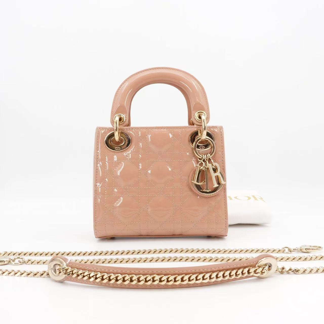 95新 DIOR/迪奥 GGS迪奥戴妃三格奶茶粉金扣漆皮芯片款24546298