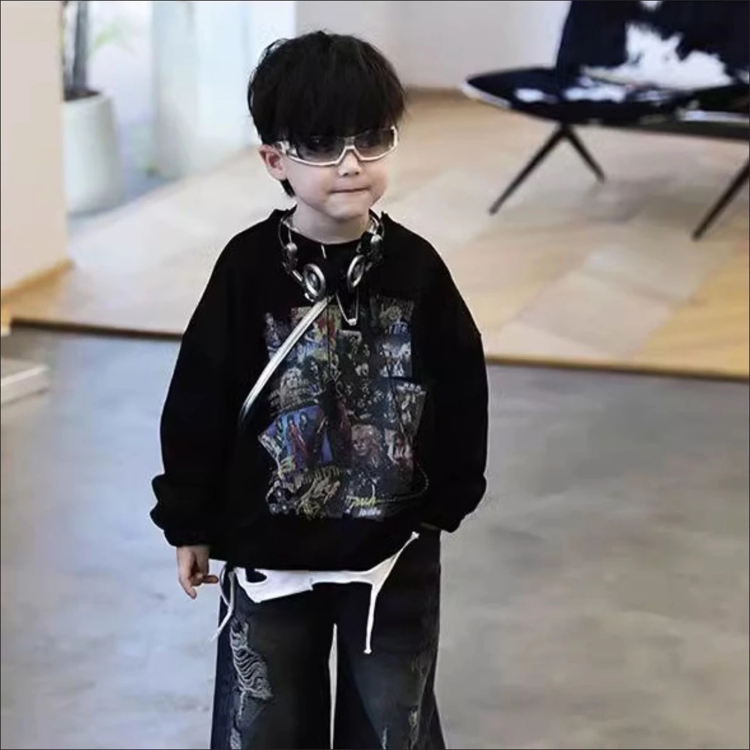 枼灵男童潮酷黑色卫衣复古秋冬新款小中大童洋气帅气童装韩版时尚