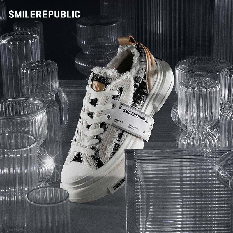 SMILEREPUBLIC 70s晶格黑白粗花呢低帮厚底鞋板鞋时尚百搭潮流