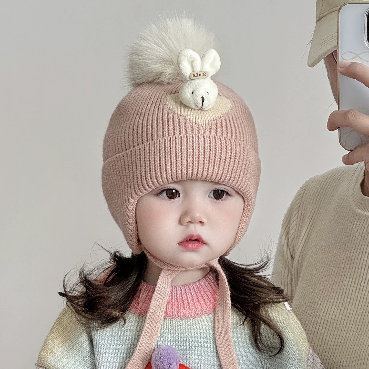 百搭卡通玩偶针织帽秋冬新款男女宝宝护耳帽婴幼儿防风保暖包头帽