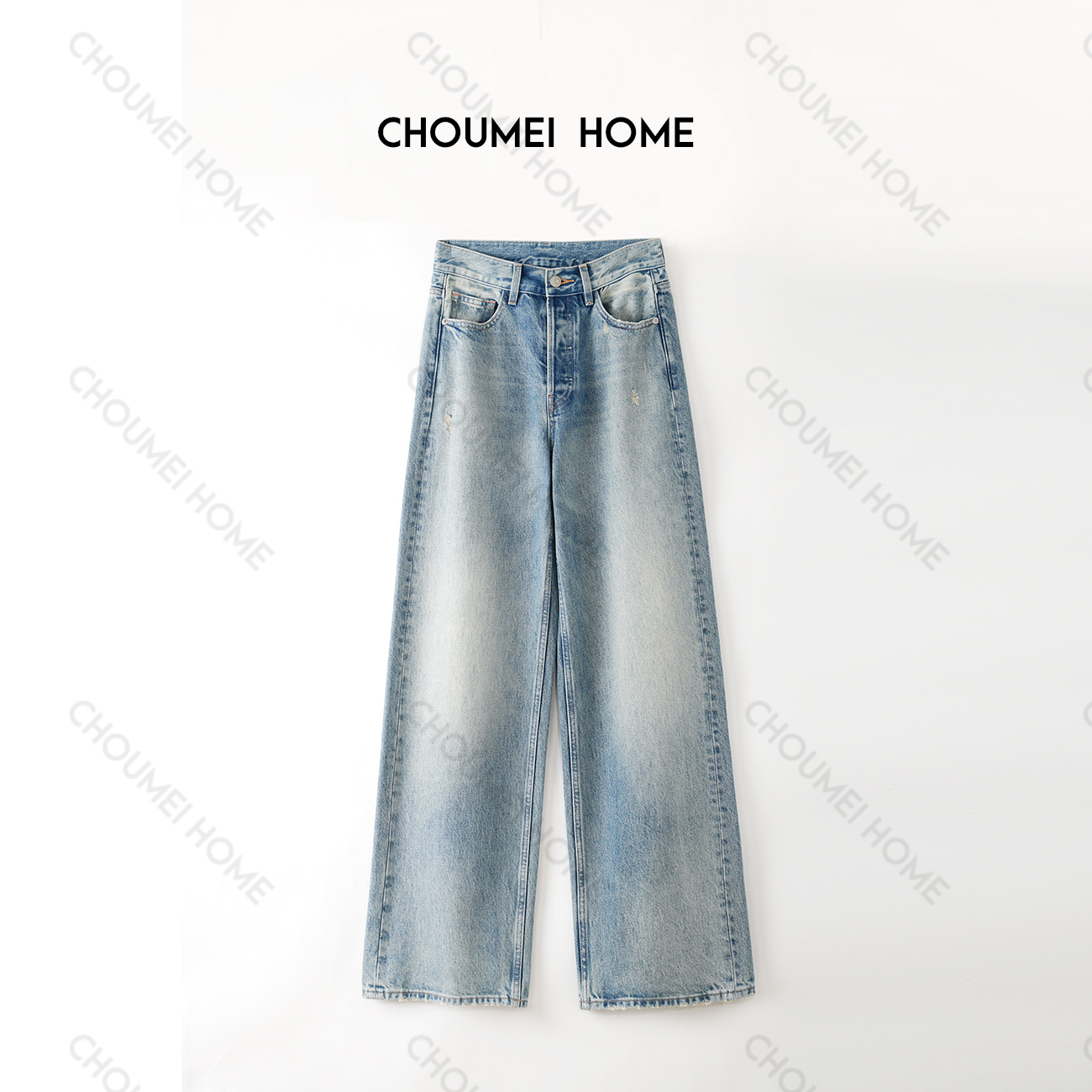 Choumei Home2025秋款设计师排扣牛仔裤女 复古直筒怀旧阔腿蓝牛