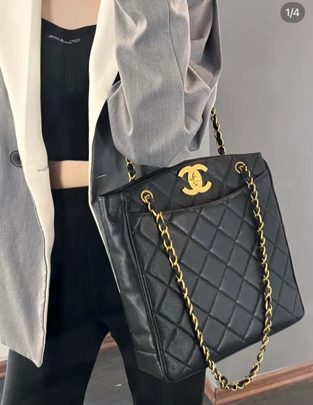 95新 Chanel/香奈儿 1313chanel黑金荔枝牛贝嫂琴谱托特托特包