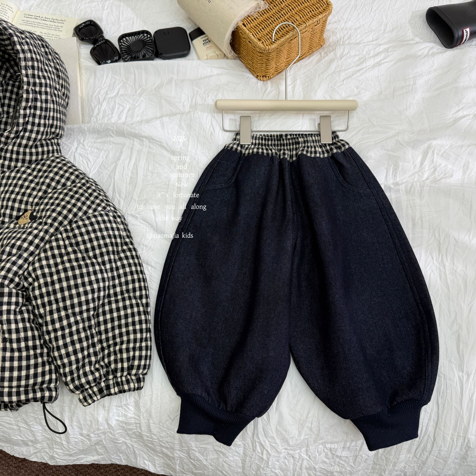 W-04小马家2025冬款儿童加厚仿兔毛休闲牛仔裤K-7107老爹裤男女童