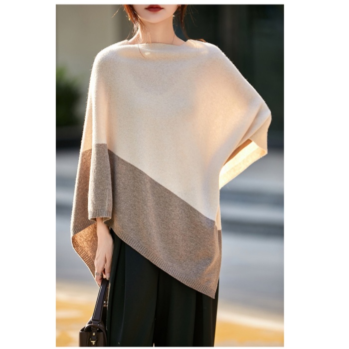 100羊毛薄款女针织拼色宽松披肩一字领衫女士羊毛披肩Y2532