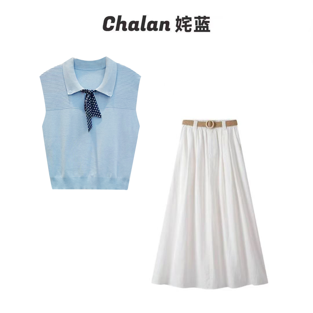 时尚轻奢休闲设计师上衣夏季衬衫+套装气质百褶A字裙半身裙两件套