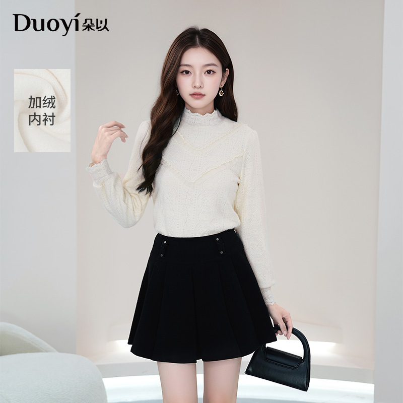 朵以2025冬季新款时尚优雅蕾丝提花木耳边加绒针织衫40VD348671