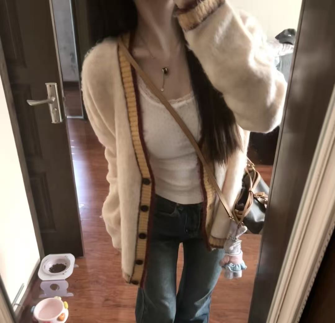 胖鹅张~"劈里啪啦有静电"慵懒感软糯撞色针织开衫上衣#6048