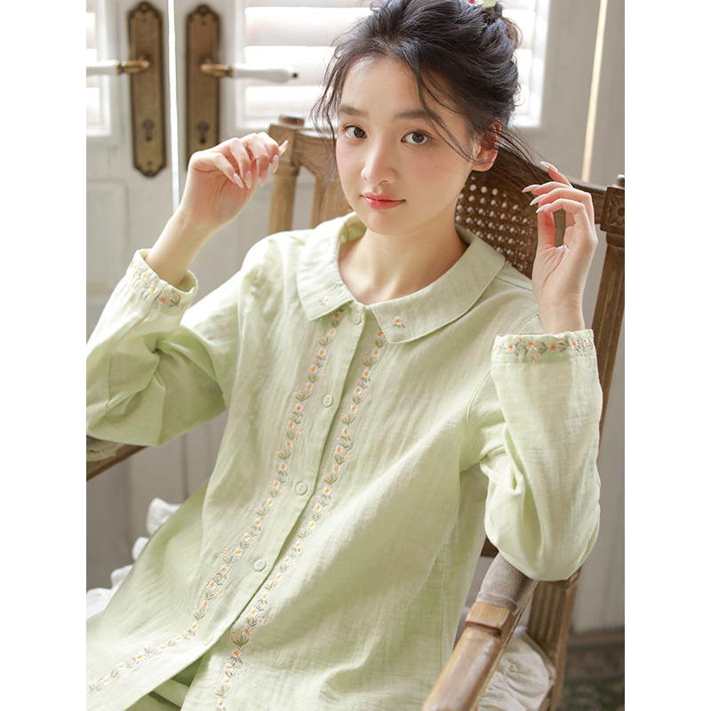 春秋季纯棉女士睡衣四季可穿宽松刺绣薄款长袖长裤家居服睡衣套装