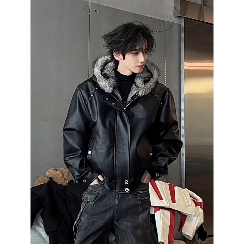 美式休闲重磅座山雕加绒加厚皮衣连帽毛领棉服短宽男装时尚保暖