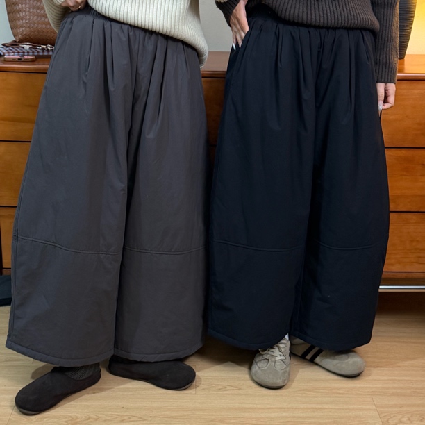 see U 自制日系冬季夹棉宽松百搭松紧腰纯色简约阔腿休闲棉裤保暖