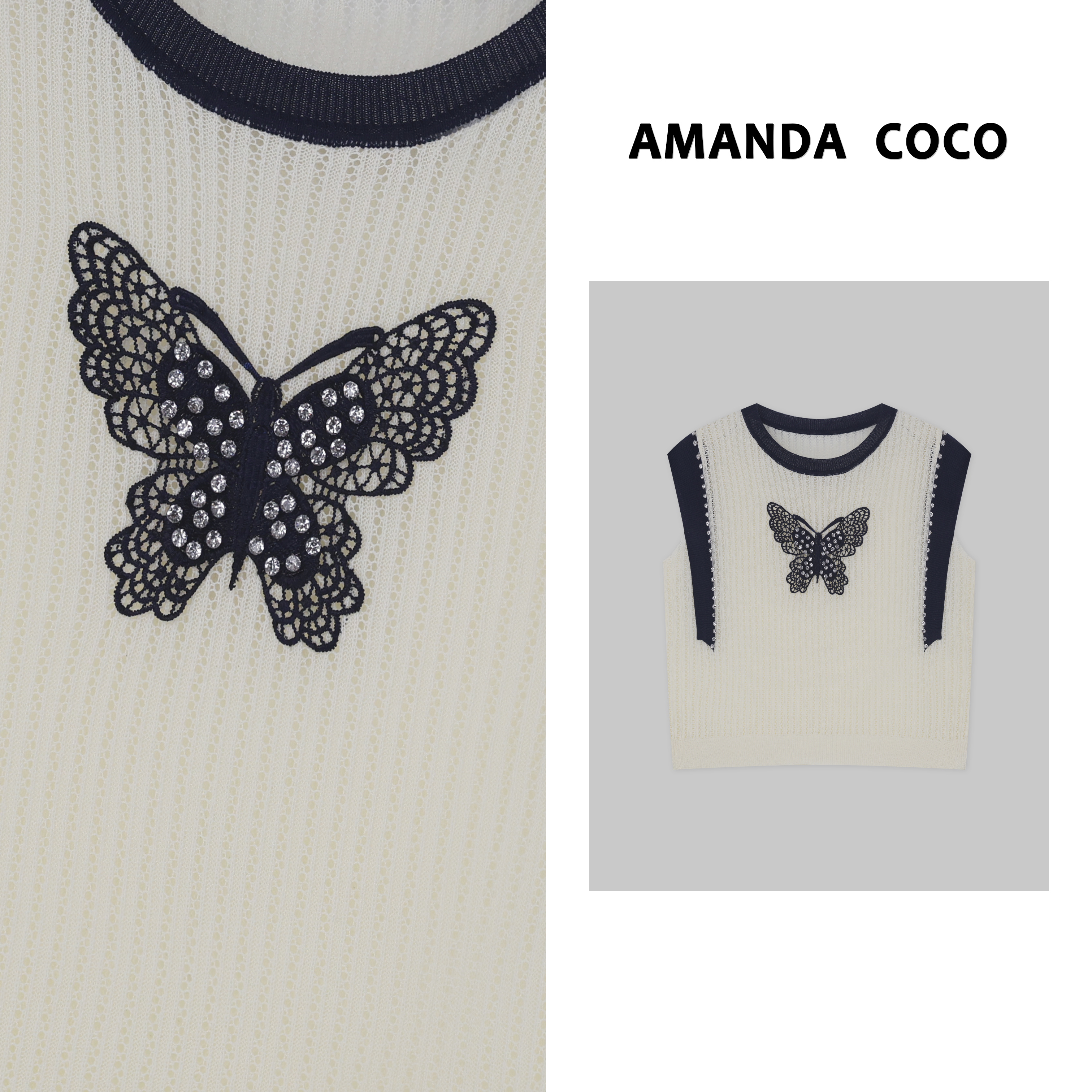 AMANDACOCO茜茜丨左岸蝴蝶～薄款撞色蝴蝶设计感镂空飞袖针织衫