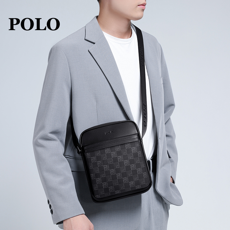 POLO轻奢时尚休闲男士包包百搭潮流真皮格纹单肩包青年商务韩版包