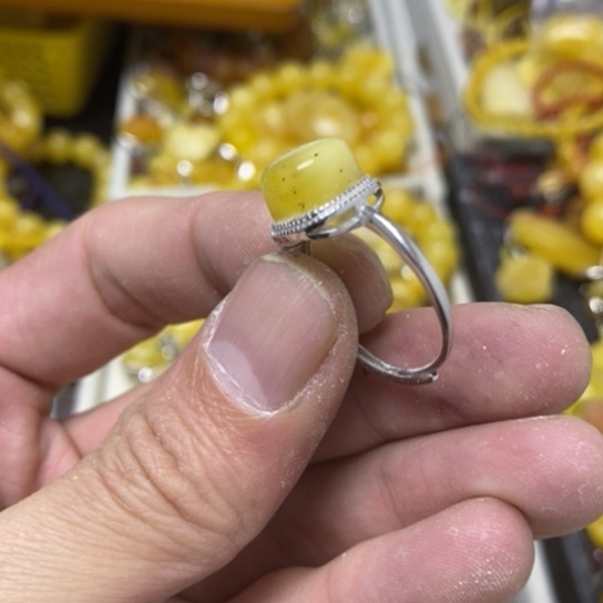 蜜蜡裸石银S925镶嵌戒指