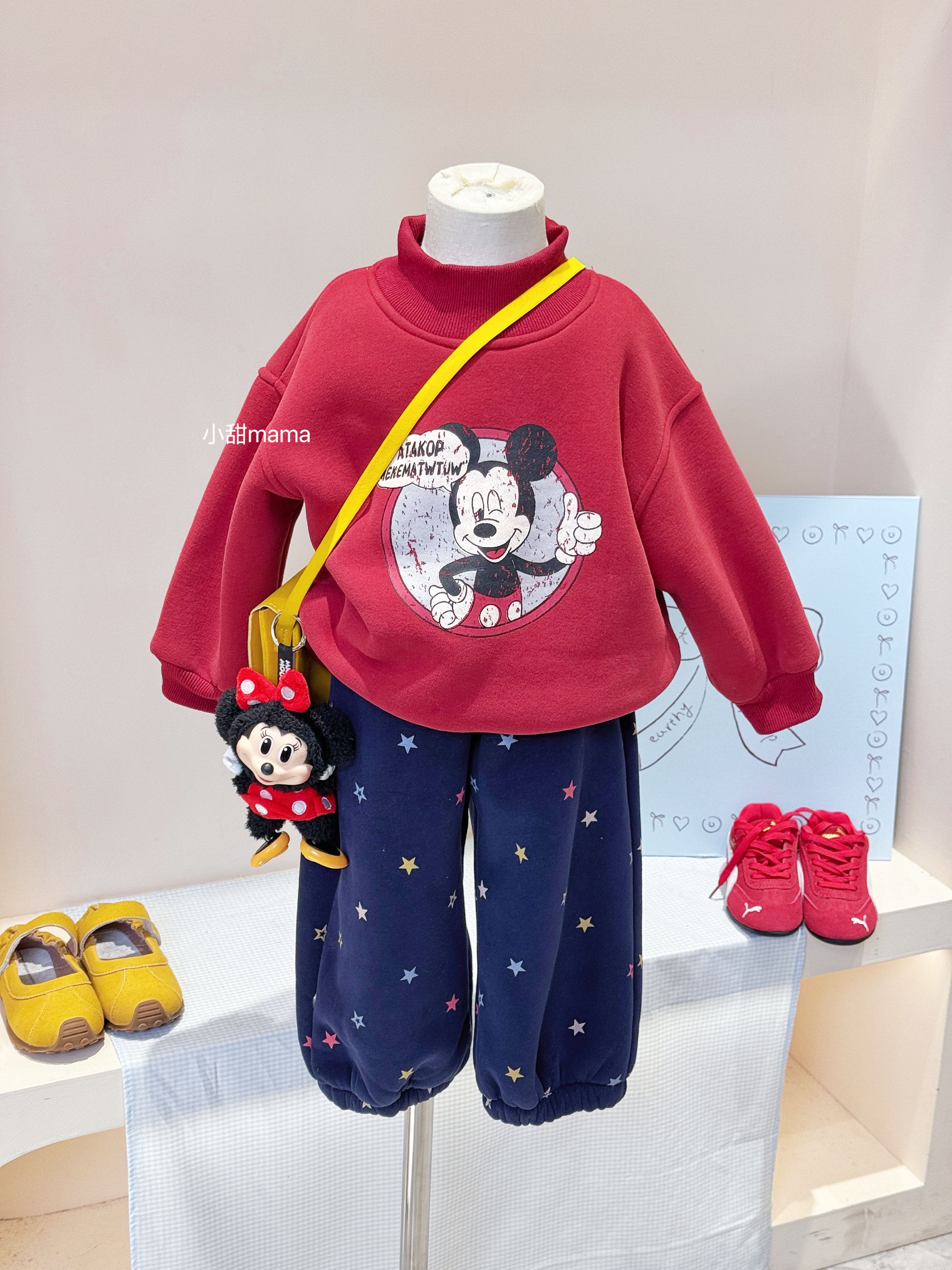 现货女童冬装卡通加绒加厚卫衣星星卫裤套装女宝洋气半高领上衣