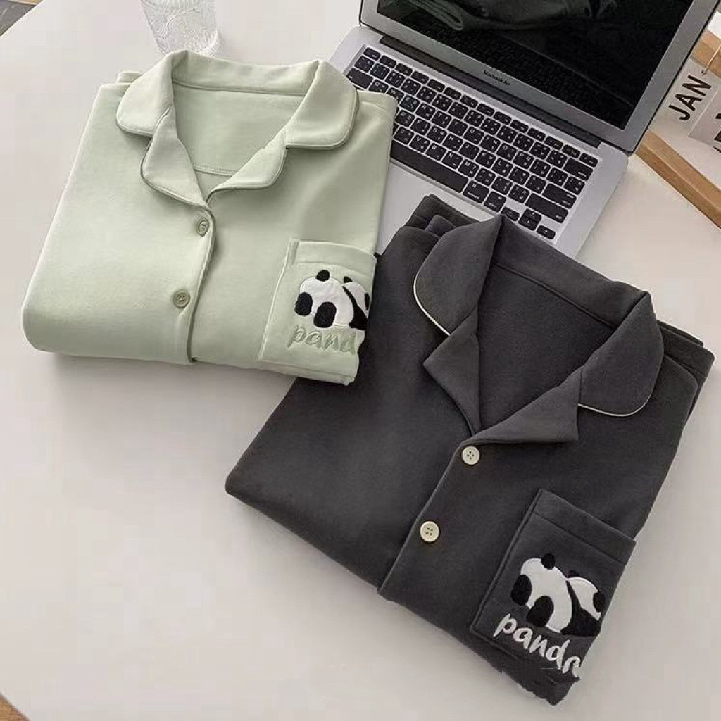 68013 熊猫系列～（女款双面德绒）韩系简约翻领设计师睡衣套装