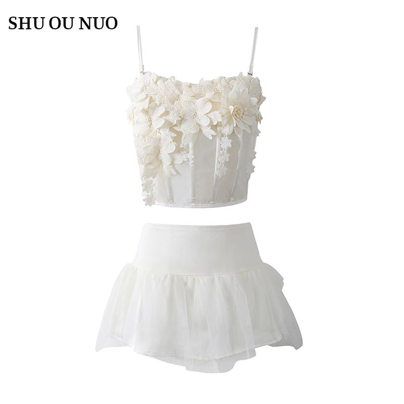 【现货】巴黎初雪 堆叠立体花朵性感抹胸上衣半裙套装