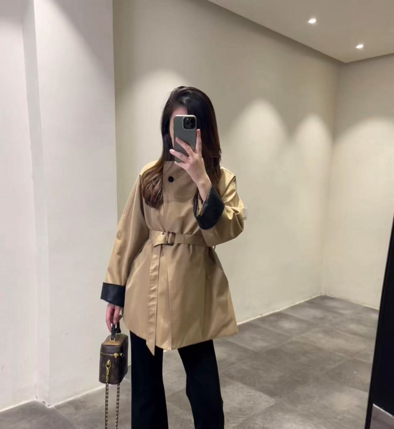 欧货 撞色黑pu皮袖腰带款风衣外套