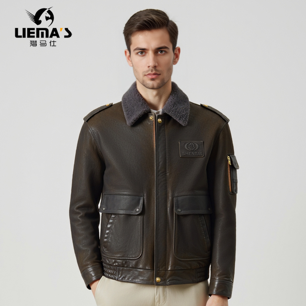 LM5272冬季男士重水洗头层山羊皮白鹅绒羽绒飞行员皮衣夹克空军潮