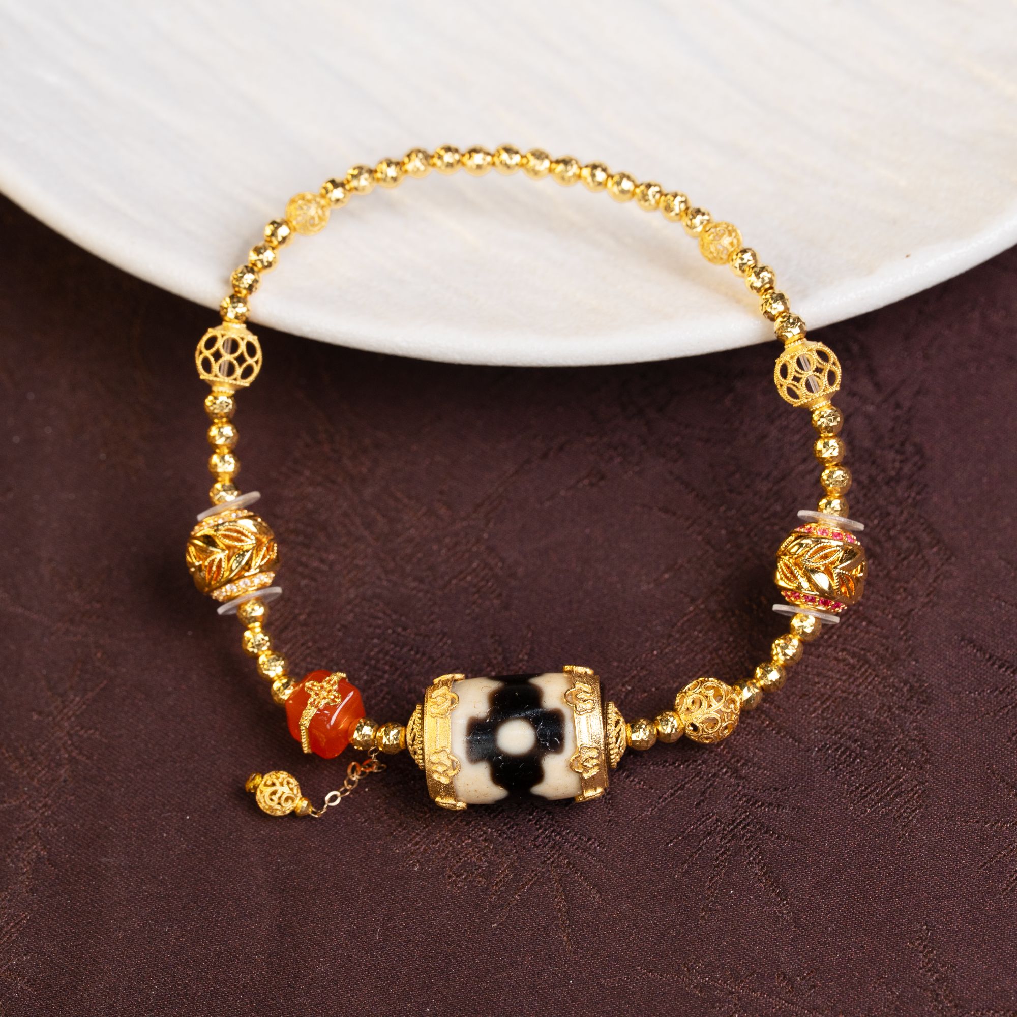 【壹芳珠宝】天然原矿玛瑙18k金镶坛城珠珠单圈