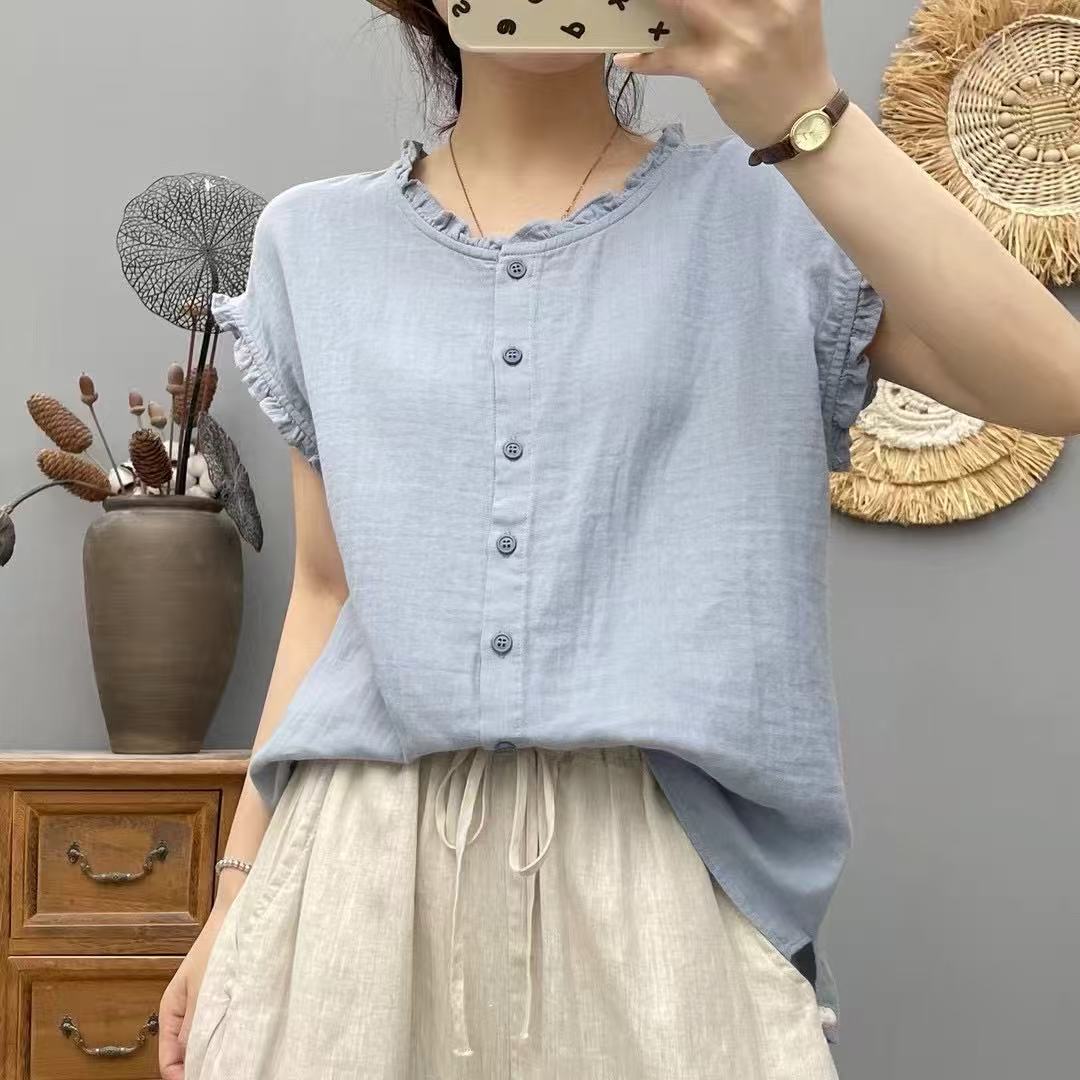 100％棉双层纱夏季新款木耳边无袖圆领飞飞袖文艺显瘦66137