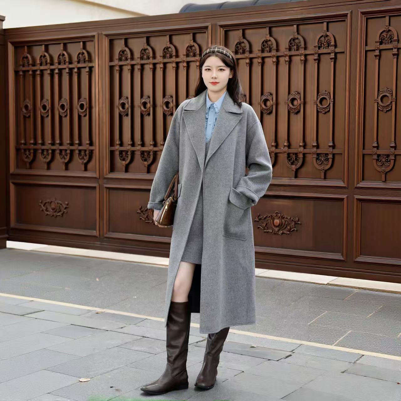 GIRDEAR/哥弟热力感复古系带长款毛呢双面呢大衣外套1400640