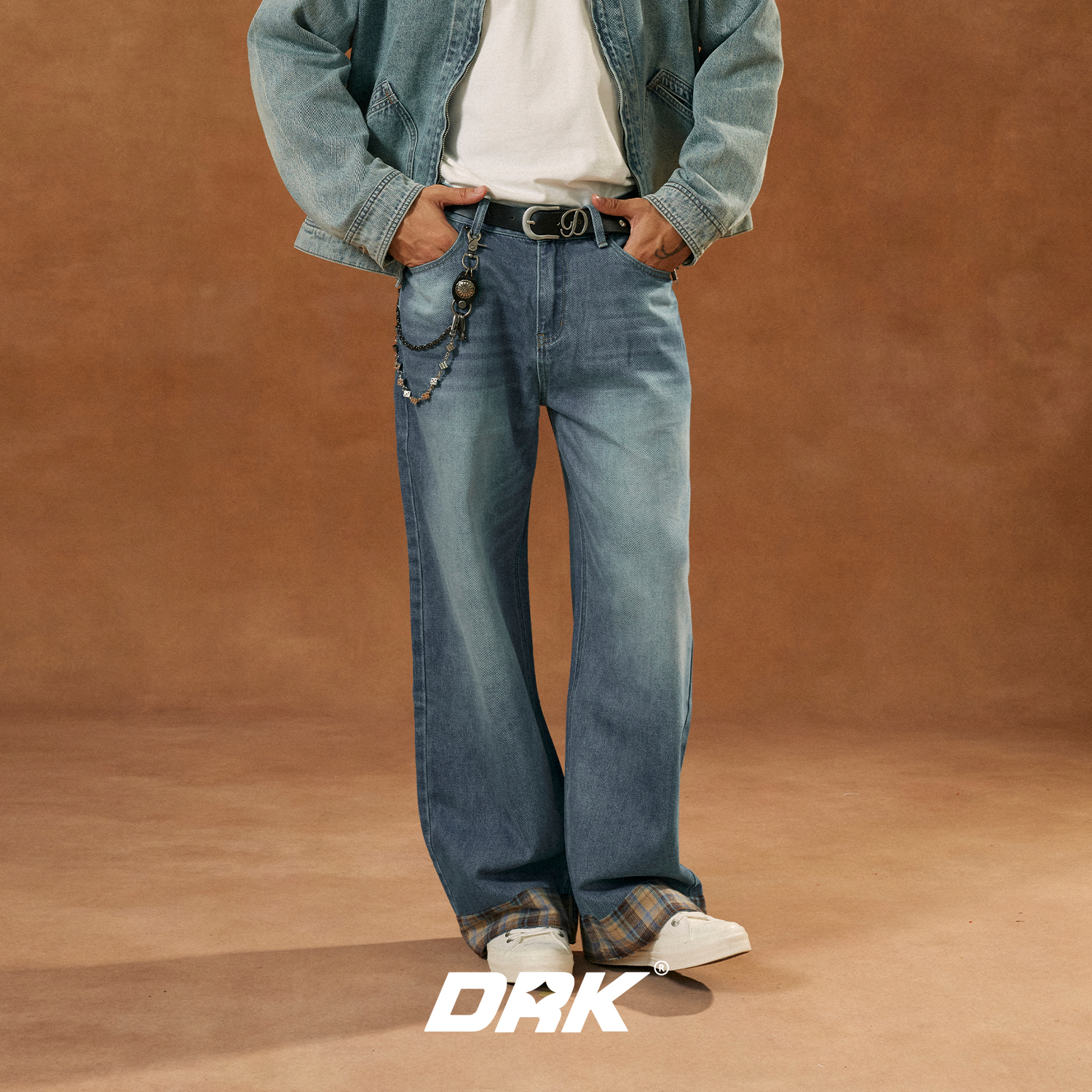 DRK【回溯系列】拼接格子翻折牛仔裤高腰直筒休闲长裤秋季水洗美式