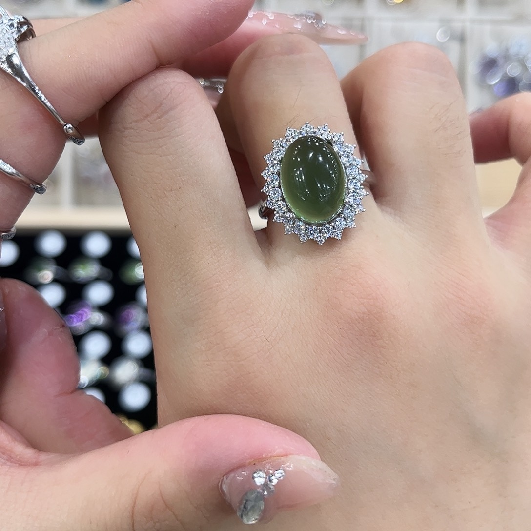 柿***心岫玉银S925镶嵌戒指