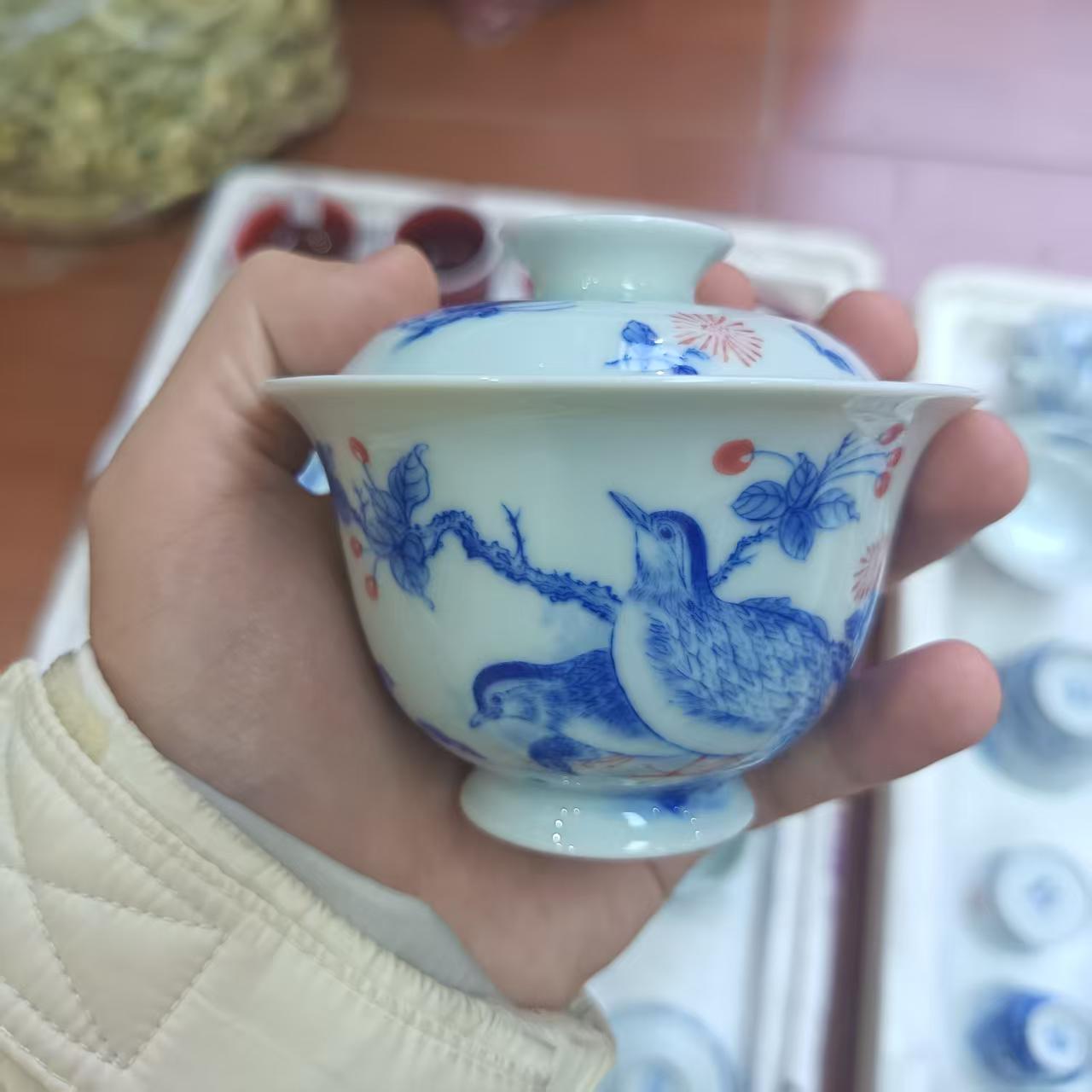 正春堂青花宝石红安居乐业盖碗