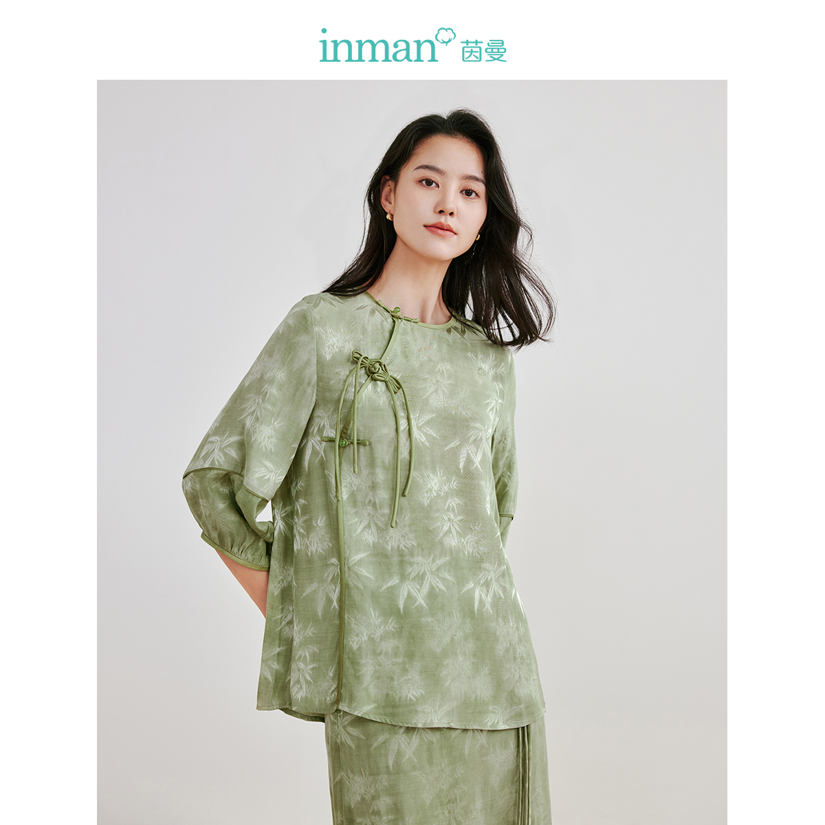 【商场同款】茵曼2024夏季新款女衬衫衬衣女装显瘦印花休闲圆领七分