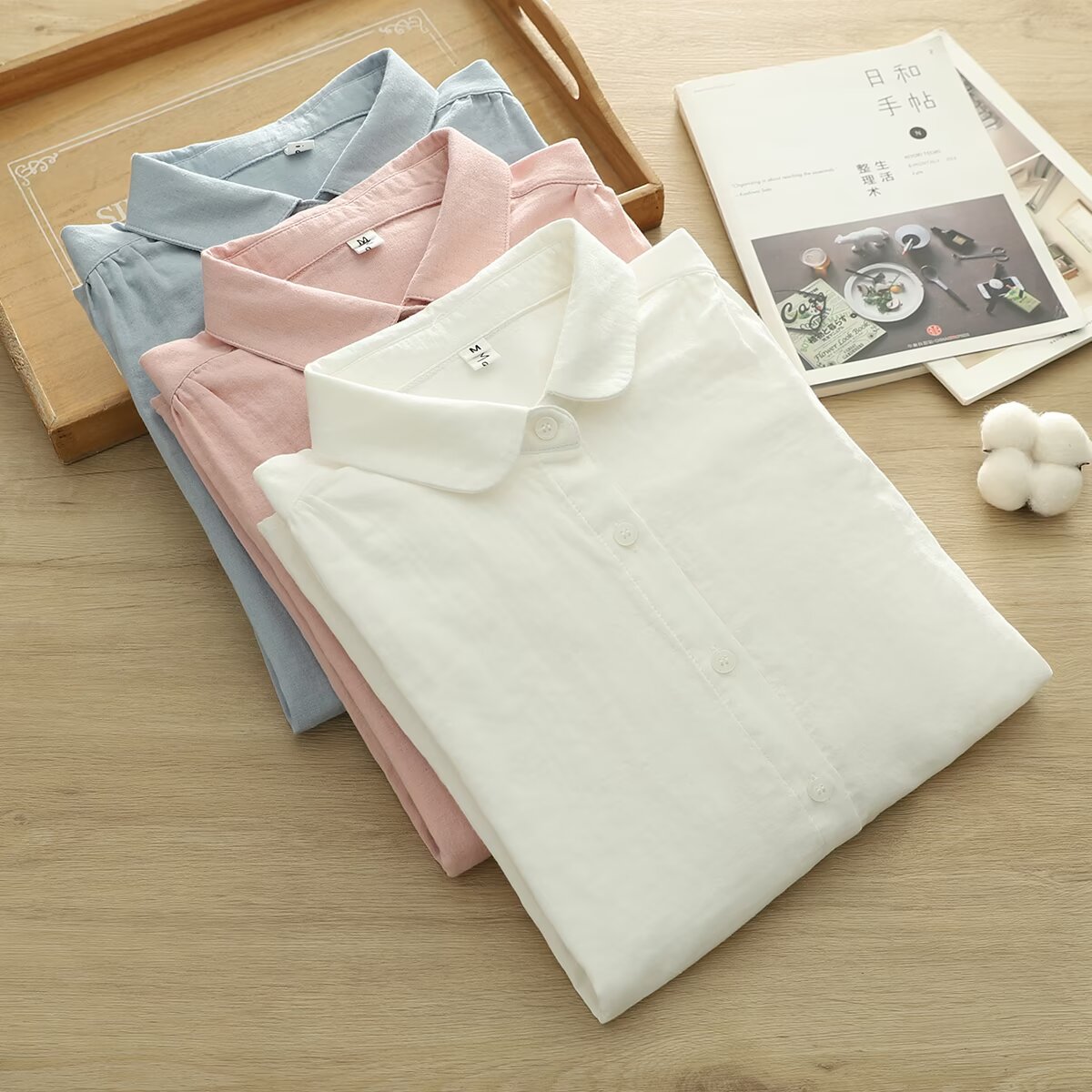 简约文艺娃娃领长袖衬衫女宽松百搭纯色衬衣上衣