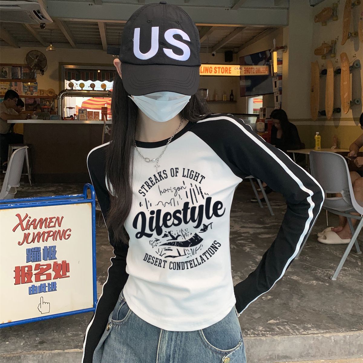 XVRV2025秋季新款运动健身长袖T恤印花美式撞色透气圆领休闲上衣