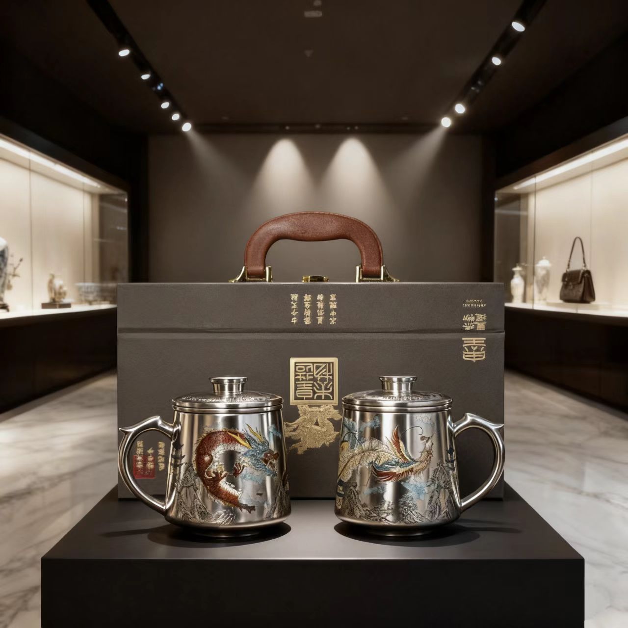 龙腾天下+凤舞九天三件套鎏银办公杯茶水分离杯泡茶杯-6361 （D）