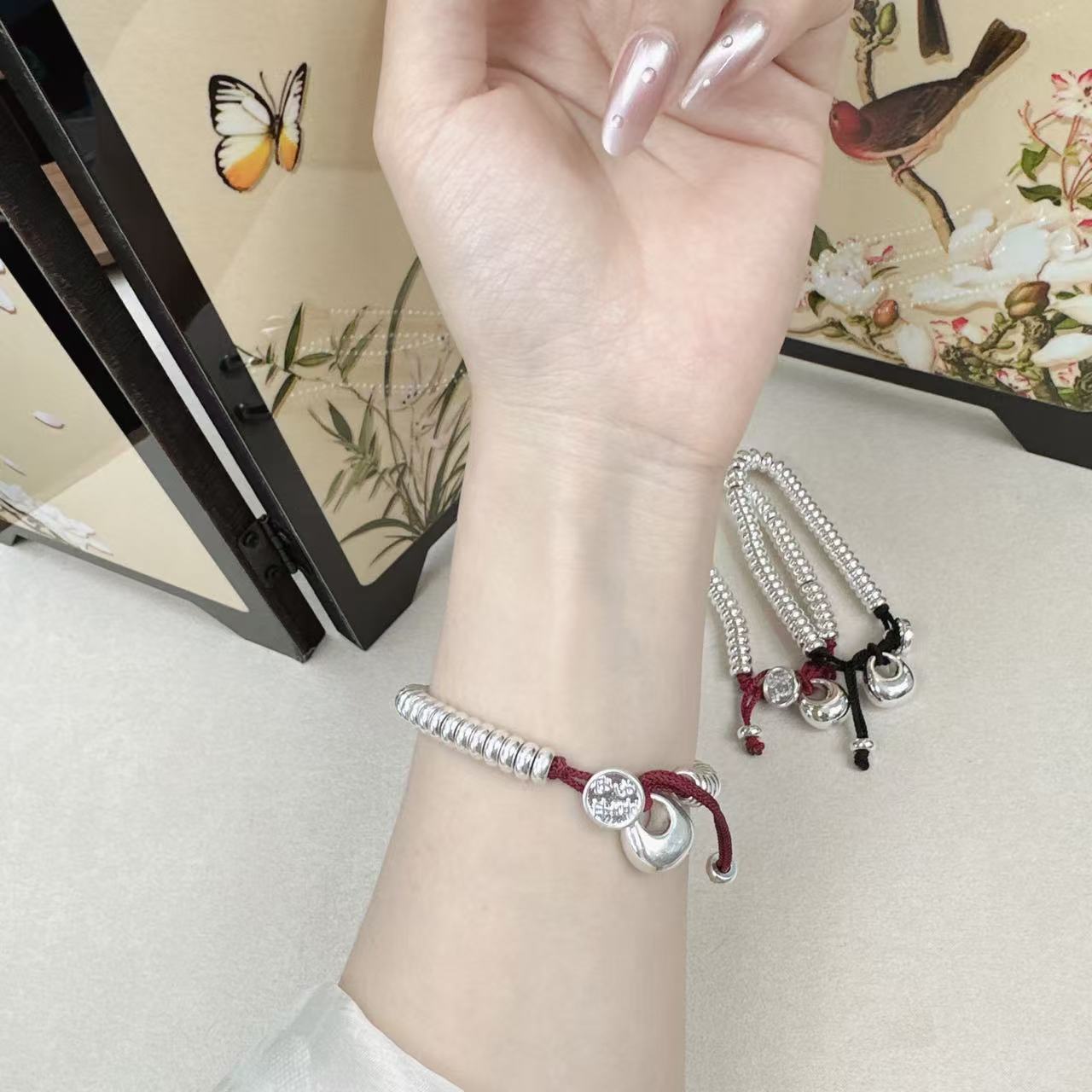 足银手链 钱串子红黑盘缠腰缠万贯手工编织百搭手链