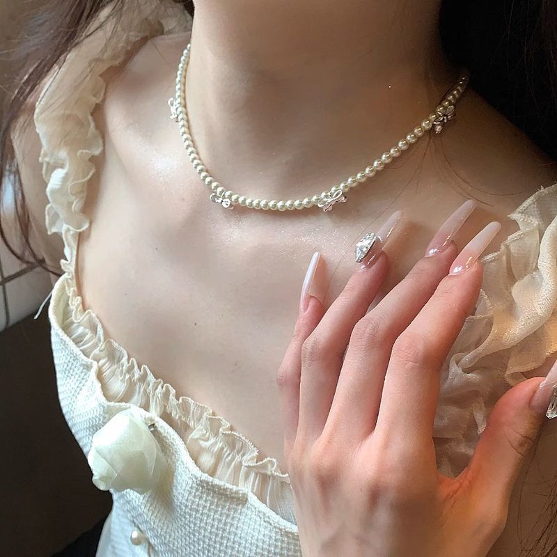 合金仿珍珠项链 法式蝴蝶结复古简约百搭锁骨链轻奢高级颈链