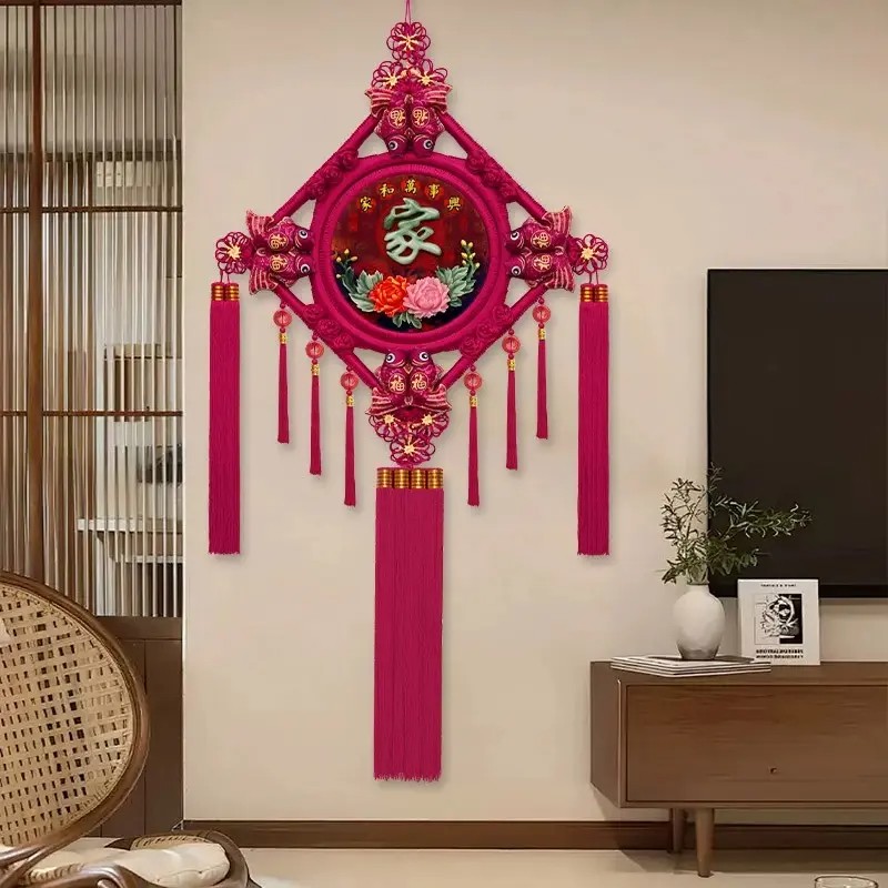 酒红立体中国结挂件客厅大号桃木福字家居装饰门上玄关挂饰乔迁
