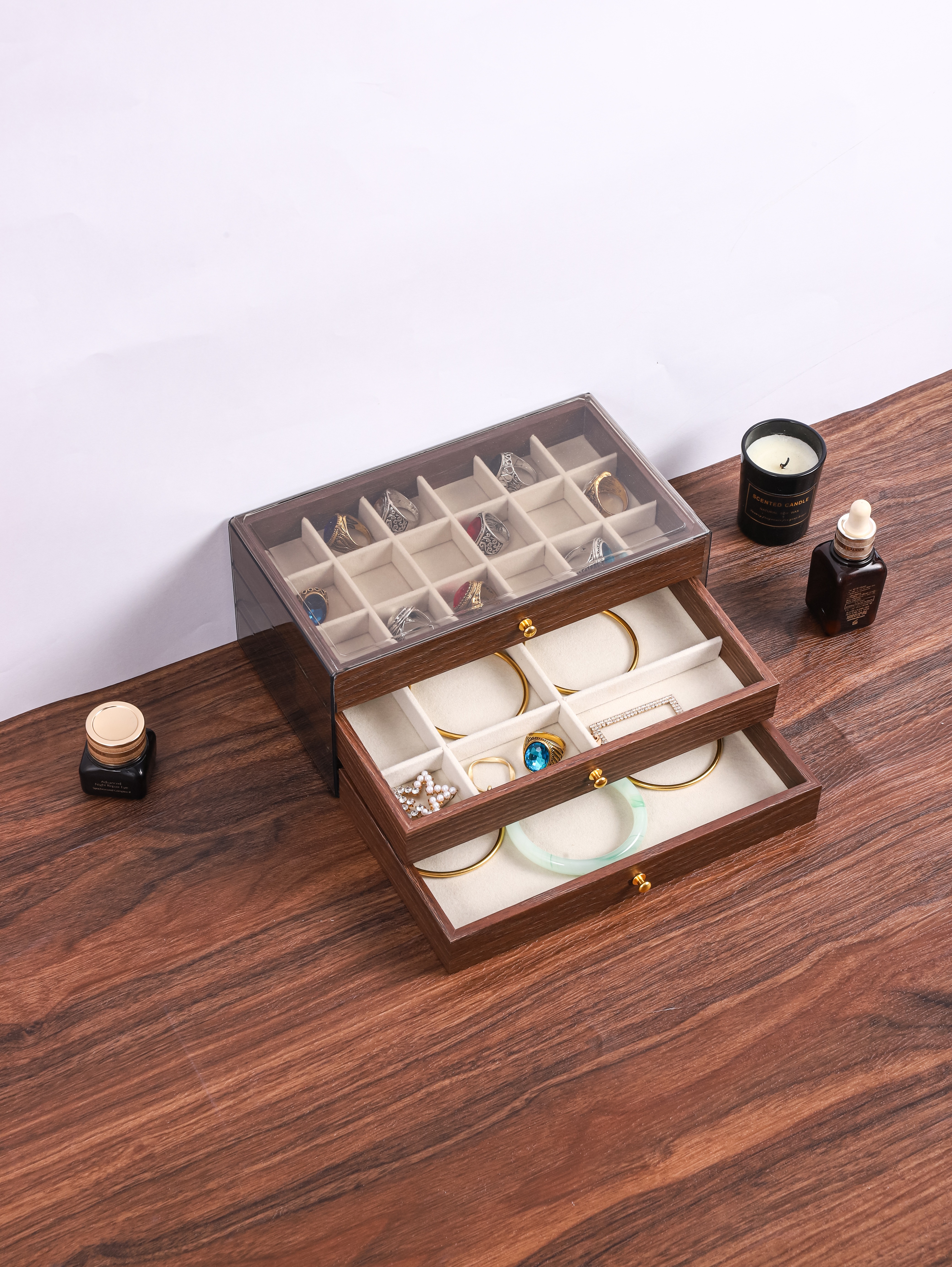 三层首饰收纳盒胡桃木纹高档精致项链戒指耳饰黄金手饰品珠宝盒子