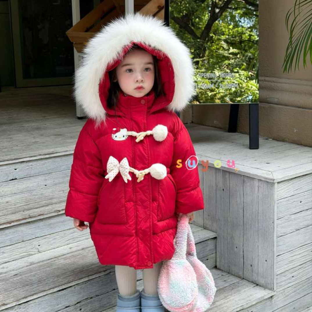 苏右现货少女公主风女宝红色新年服拜年服大毛领中长款加厚羽绒服