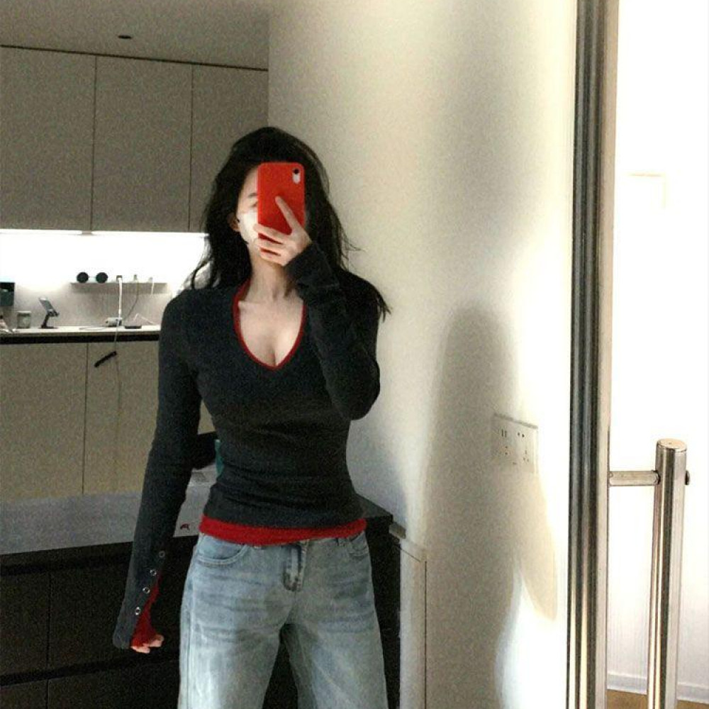 假两件V领长袖t恤打底衫女早春季美式修身内搭高级感2025新款上衣