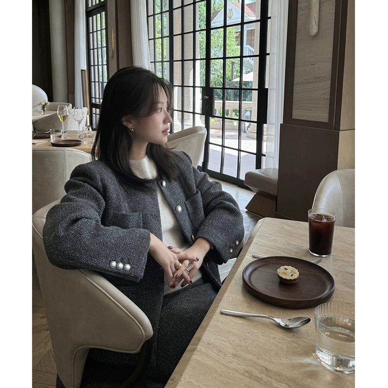 荷静同款！韩国g*d名媛气质小香风粗花呢圆领夹克外套+半身裙套装