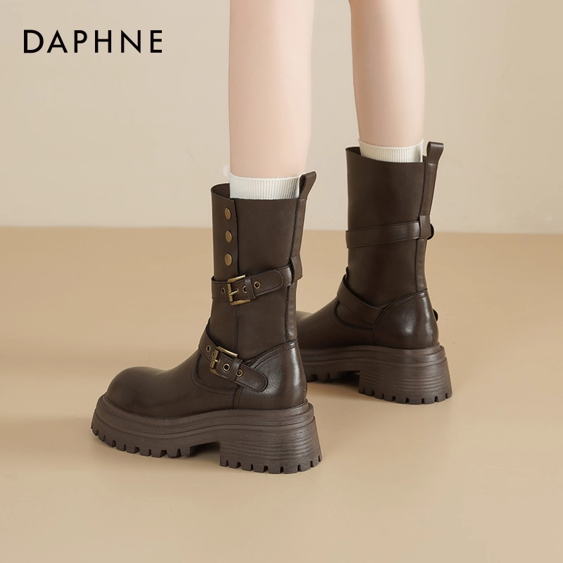 达芙妮厚底马丁靴女2025秋季新款美拉德棕中筒靴子可两穿西部短靴