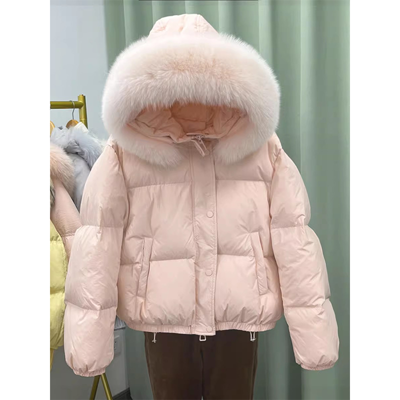 【现货】大毛领短款粉色棉服女冬季新款甜美宽松加厚面包服棉衣外套