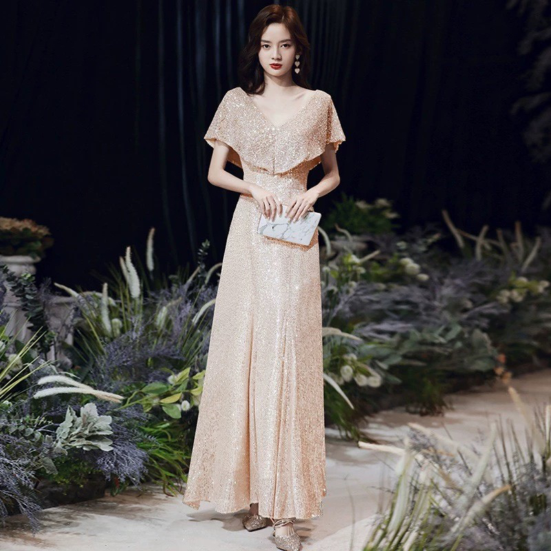 直播链接断码特价香槟大码晚礼服气质名媛高端年会主持生日成人礼