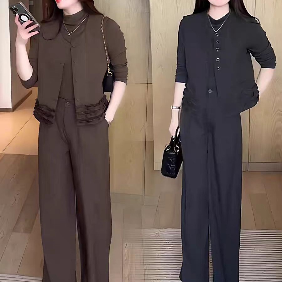 #870（衣长51裤长100）洋气女气质马甲打底衫花边阔腿裤显瘦三件套