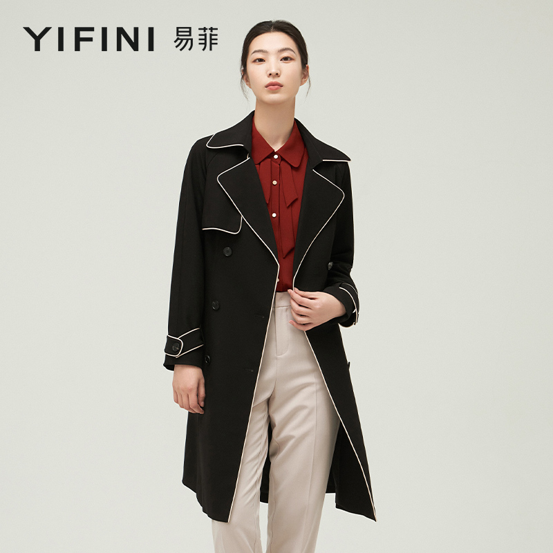 【Yifini】专柜同款精致利落双排扣撞色边设计合体长款风衣B09F1403