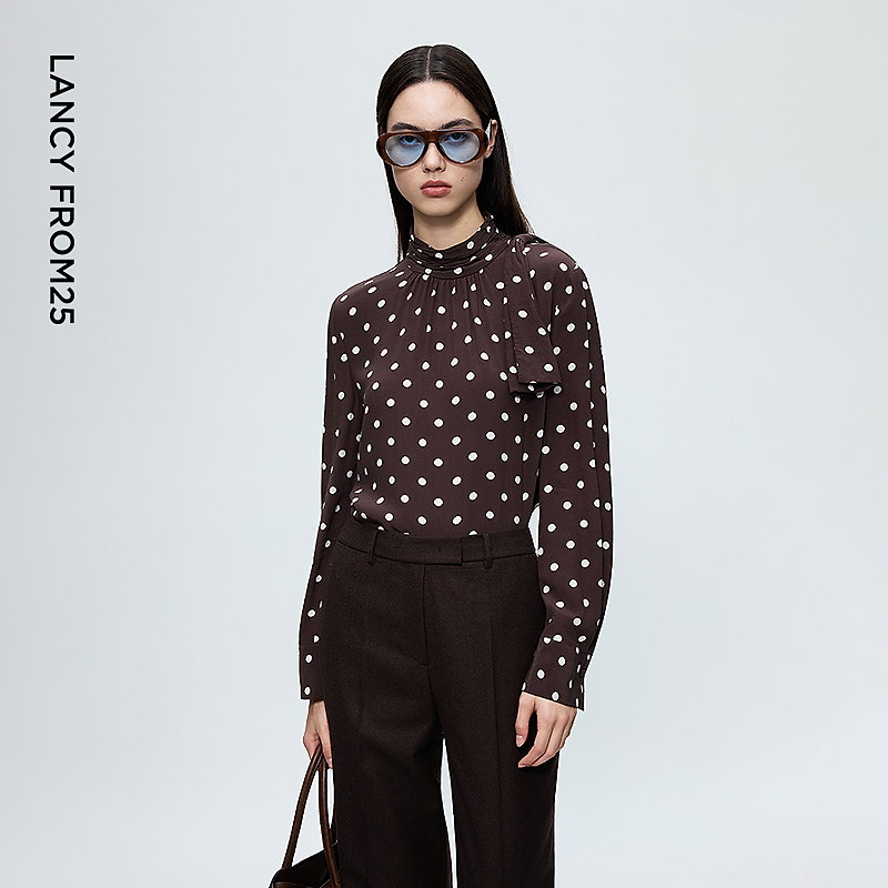 朗姿复古波点堆领印花衬衫气质设计感时尚通勤上衣2025年冬季新款
