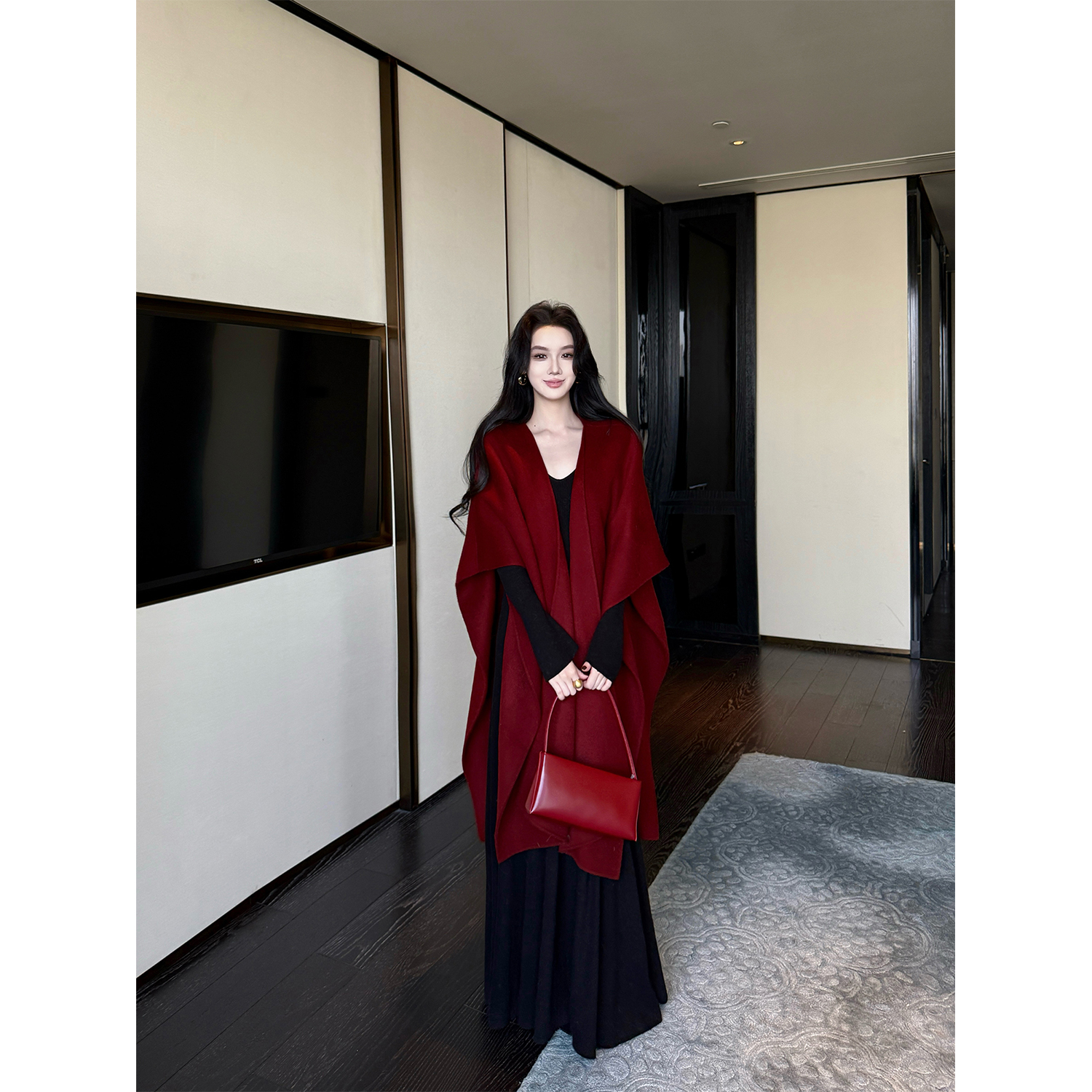 有洧Youwei【胭脂豆沙】双面呢时尚红色毛呢中长款气质大衣25SS1001