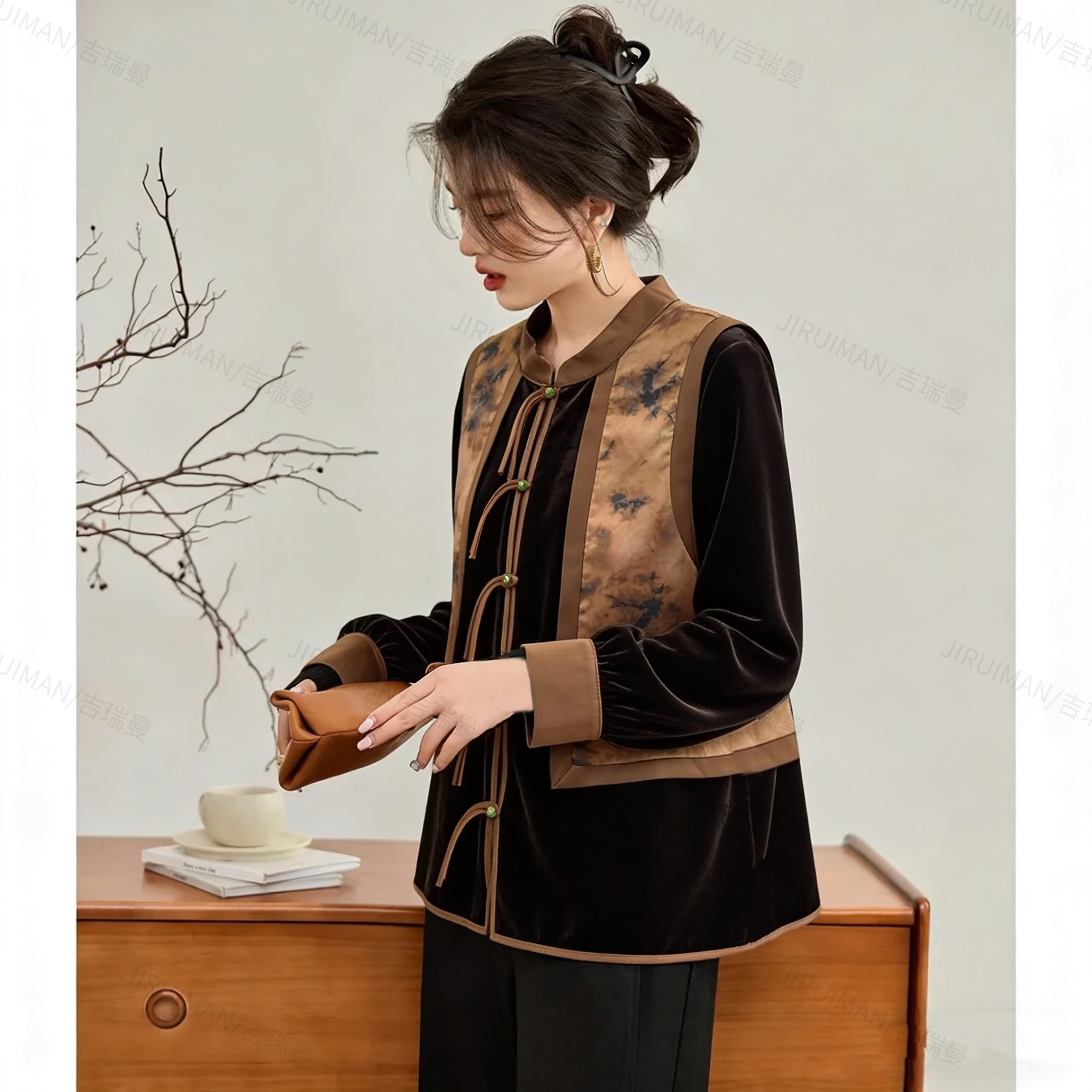 清仓-高端盘扣立领假两件丝绒拼接百搭衬衫S618